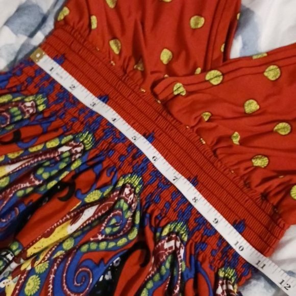 Lildy Surpliced Red Multicolor Ruched Smocked Dress, Size S/M - Picture 8 of 10